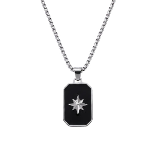 Stainless Steel Black Onyx Tag With Steel Star Pendant Necklace