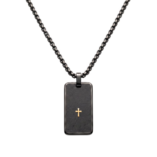 Stainless Steel Box Chain With Black & Gold Cross Tag Pendant Necklace