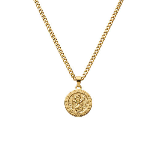 Stainless Steel/Gold Plated Shiny Finish Cuban Chain With St Christopher Medallion Pendant Necklace