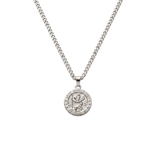 Stainless Steel Shiny Finish Cuban Chain With St Christopher Medallion Pendant Necklace