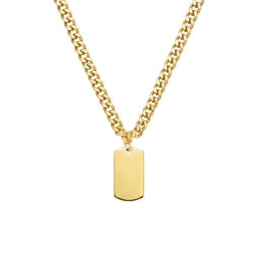Stainless Steel/ Gold Plated Flat Curb Chain Necklace With Dog Tag Pendant
