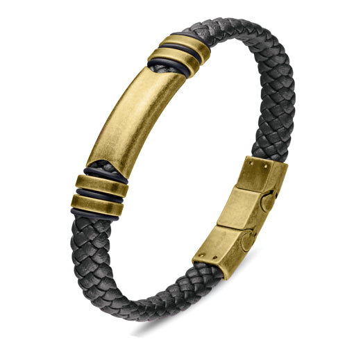 Stainless Steel Men’s Black Leather Bangle With Gold Details