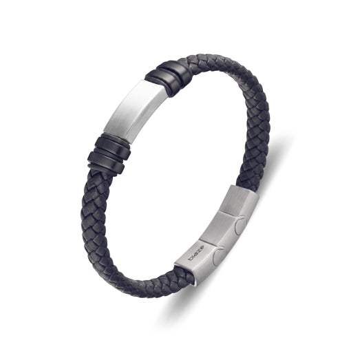 Stainless Steel Men’s Black Leather Bangle With Steel ID Plate
