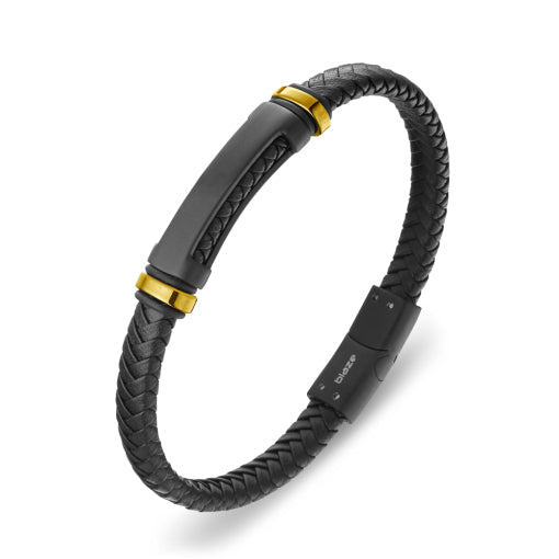 Stainless Steel Black Leather Bangle With ‘Nameplate’ And Extension Clasp