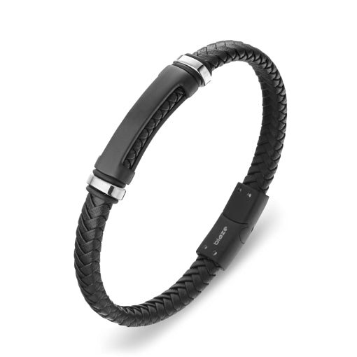 Stainless Steel Black Leather Bangle With ‘Nameplate’ And Extension Clasp