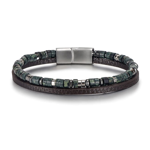 Stainless Steel, Natural Stone & Hemalite Double Band Bangle