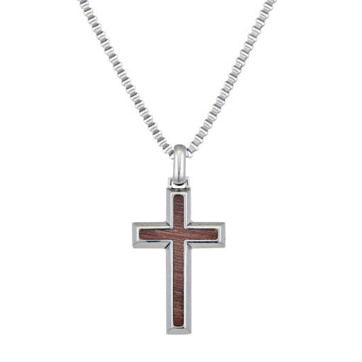 Stainless Steel Polished Cross With Wood Inlay Pendant Necklace