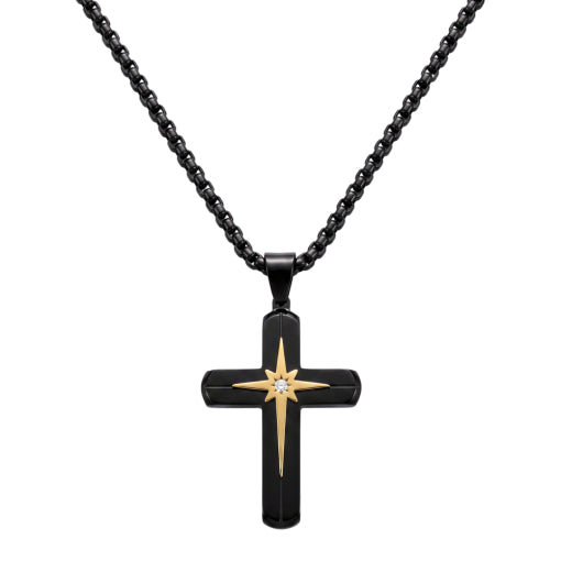 Stainless Steel Black & Gold North Star Cz Cross Pendant Necklace