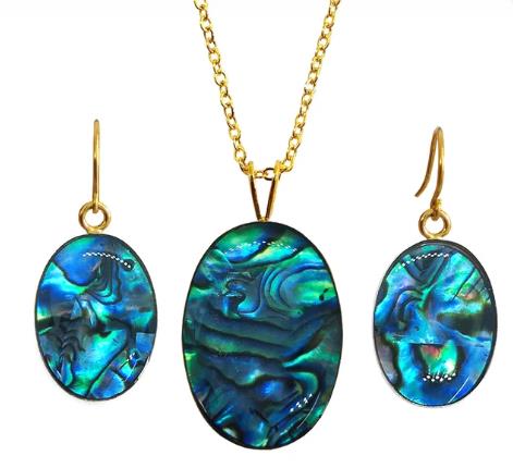 Oval Pāua & Gold Plated Necklace & Earrings