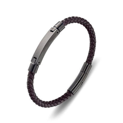 Stainless Steel Brown Leather Bangle With Black Bar Details