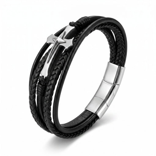 Leather Multi-Strand Bangle With Shiny Steel Cross And Clasp
