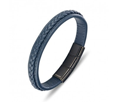 Leather Bracelet With Stitching - Blue